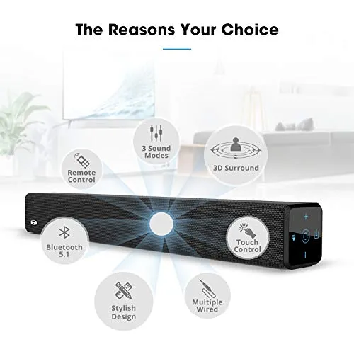 2.1 Channel 100Watt Sound bar(2020 Model), Bestisan Soundbar with Built in Subwoofer Bluetooth 5.1 Surround Sound Systems (32Inches, DSP, Touch Remote Control, Bass Adjustable)