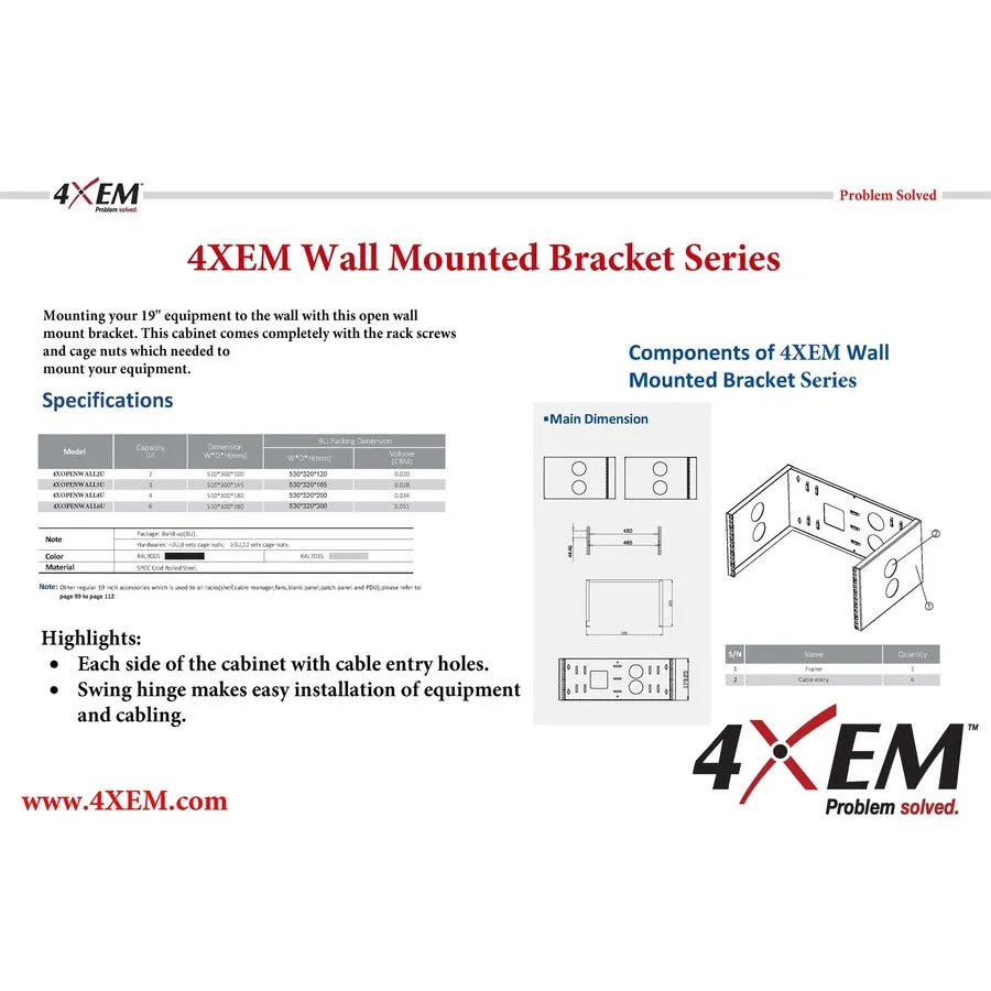 4Xem 3U Wall Mount For Rackmount Equipment, Network Equipment - Black