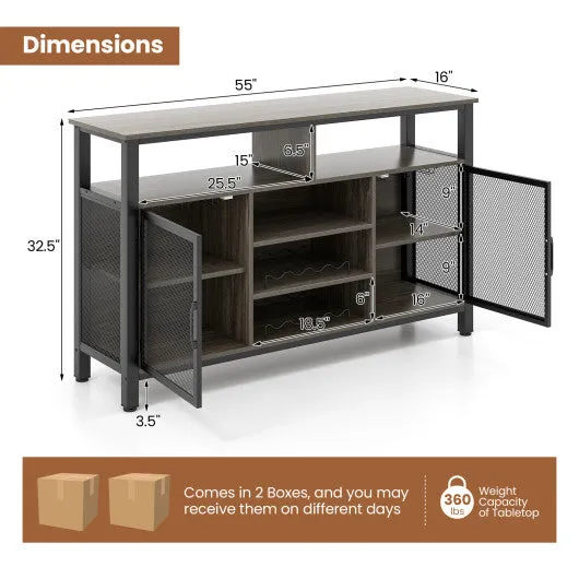55-Inch Buffet Sideboard with 8-Bottle Wine Racks and Wine Glass Holders-Gray