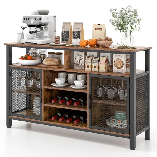 55-Inch Buffet Sideboard with 8-Bottle Wine Racks and Wine Glass Holders-Rustic Brown