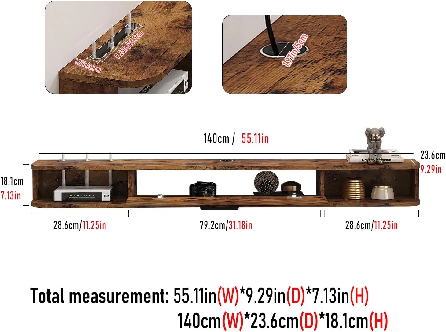 55.12" Eclan Rustic Brown Floating TV Stand