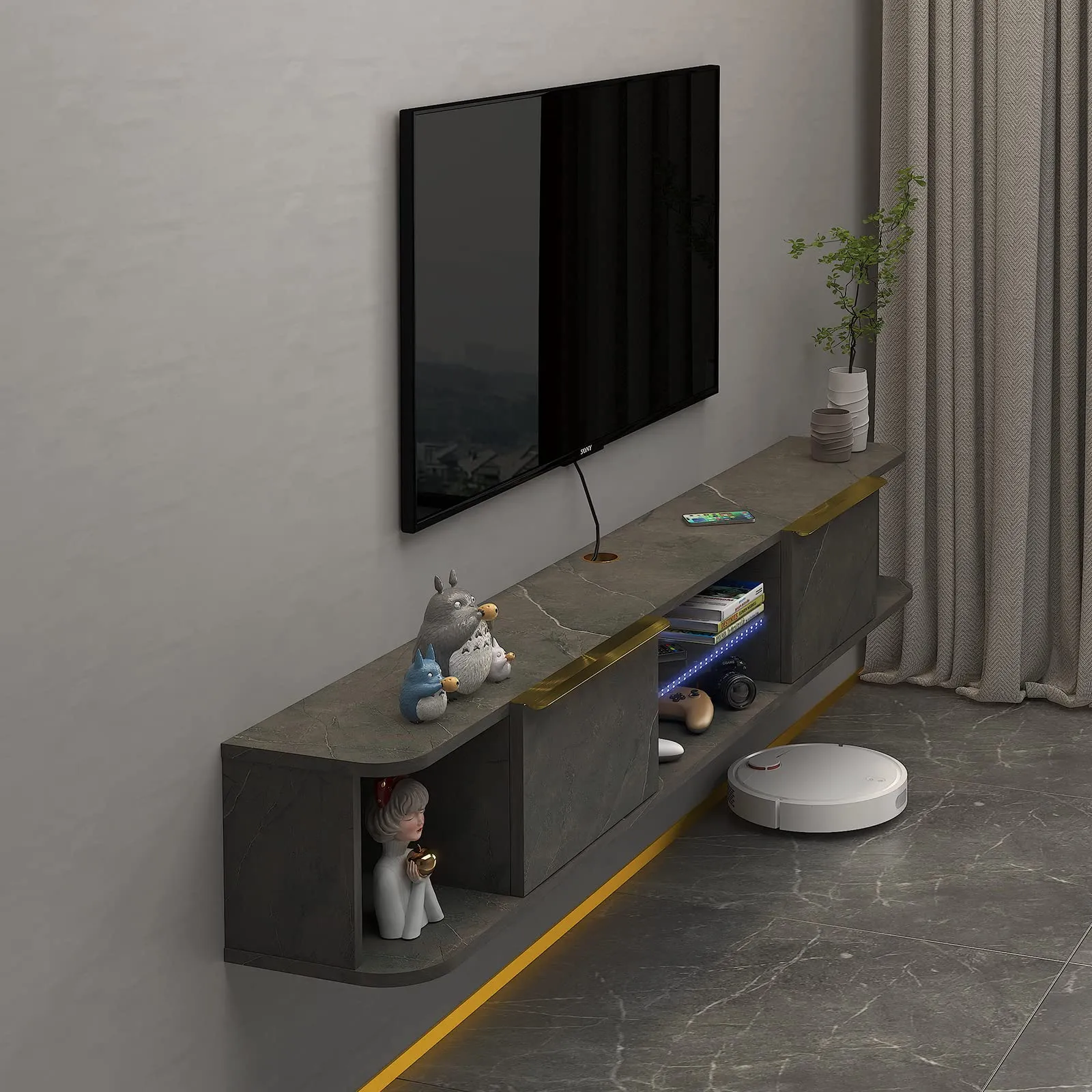 63" Arrangio LED Floating TV Stand, Marble Grey