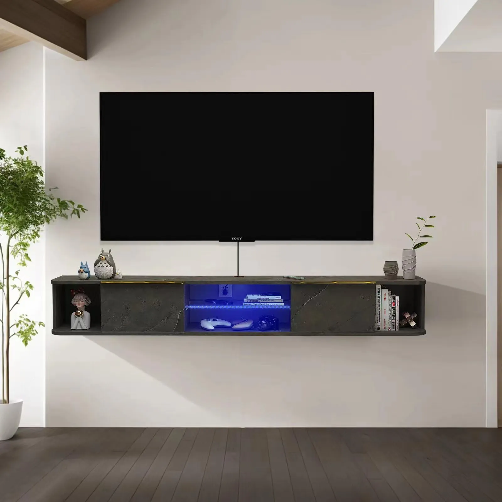 63" Arrangio LED Floating TV Stand, Marble Grey