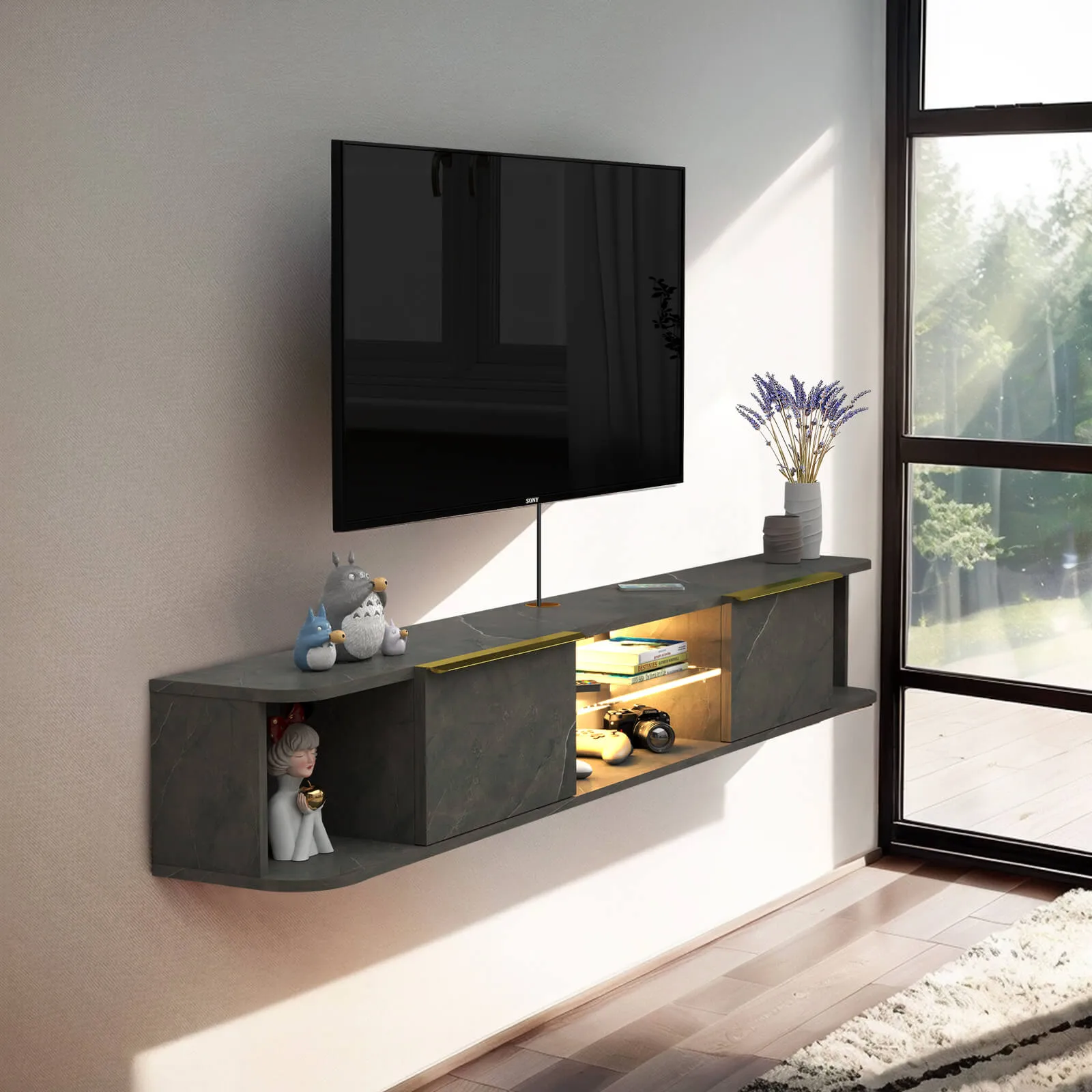 63" Arrangio LED Floating TV Stand, Marble Grey