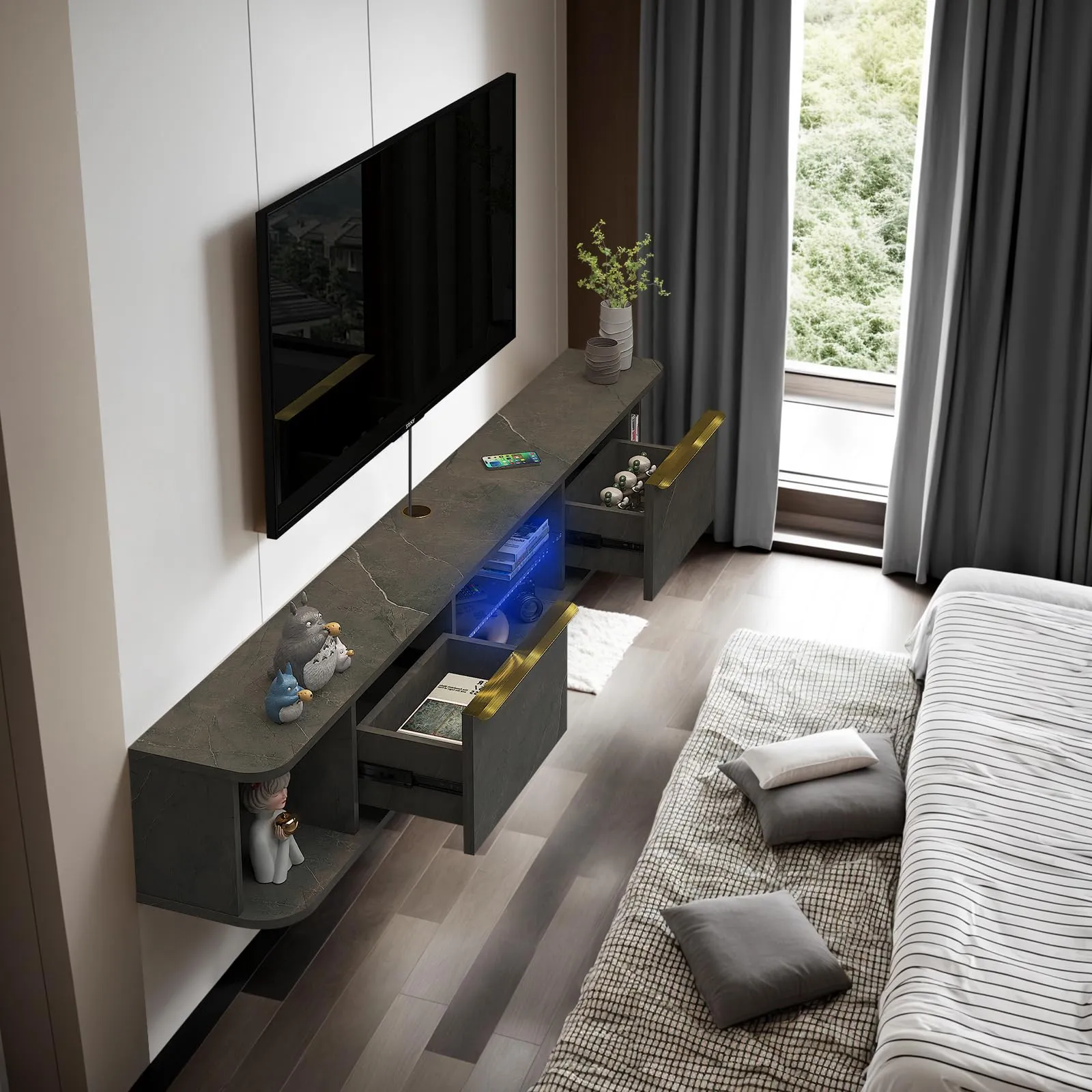 63" Arrangio LED Floating TV Stand, Marble Grey