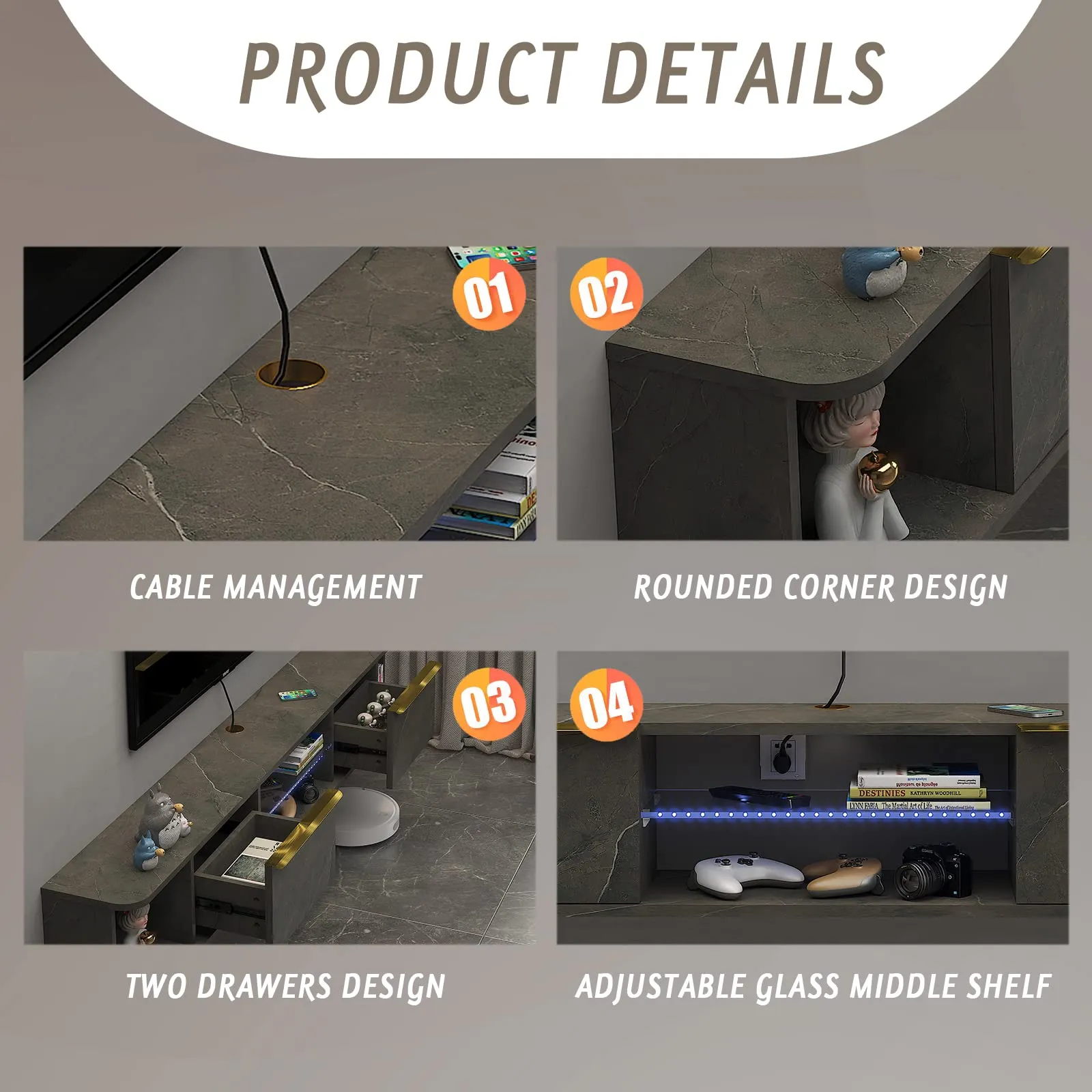 63" Arrangio LED Floating TV Stand, Marble Grey