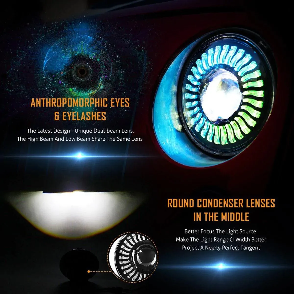 7 inch 80W 8000Lumens LED Headlight RGB Flowing Halo Ring