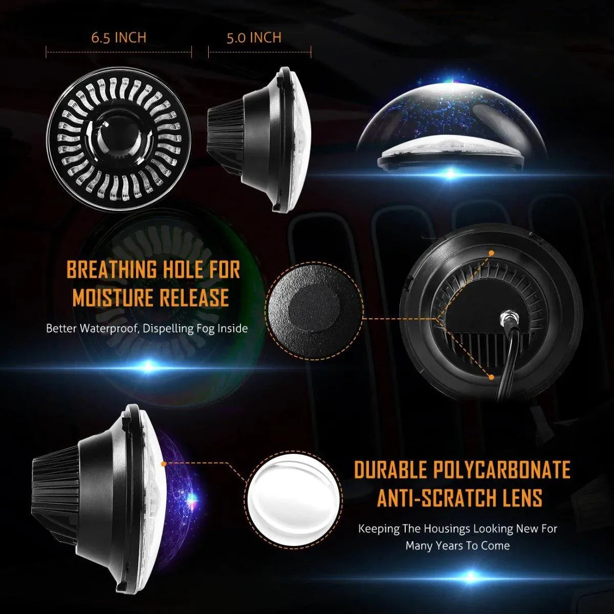 7 inch 80W 8000Lumens LED Headlight RGB Flowing Halo Ring