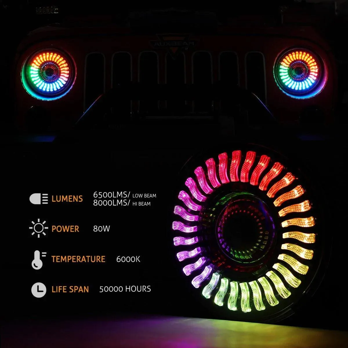 7 inch 80W 8000Lumens LED Headlight RGB Flowing Halo Ring