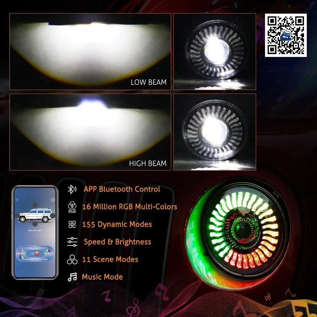 7 inch 80W 8000Lumens LED Headlight RGB Flowing Halo Ring