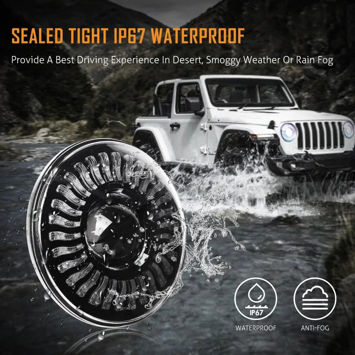 7 inch 80W 8000Lumens LED Headlight RGB Flowing Halo Ring