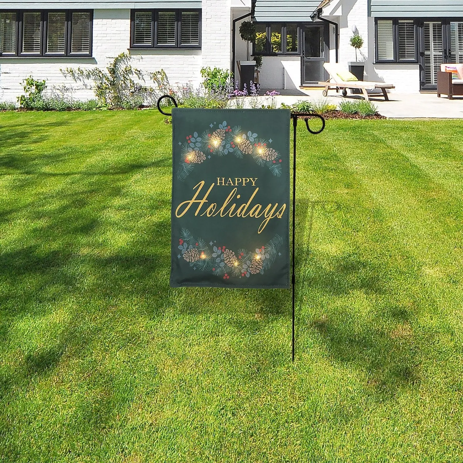 Battery-Operated Lighted Outdoor Banner with Garden Flag Stand - Happy Holidays