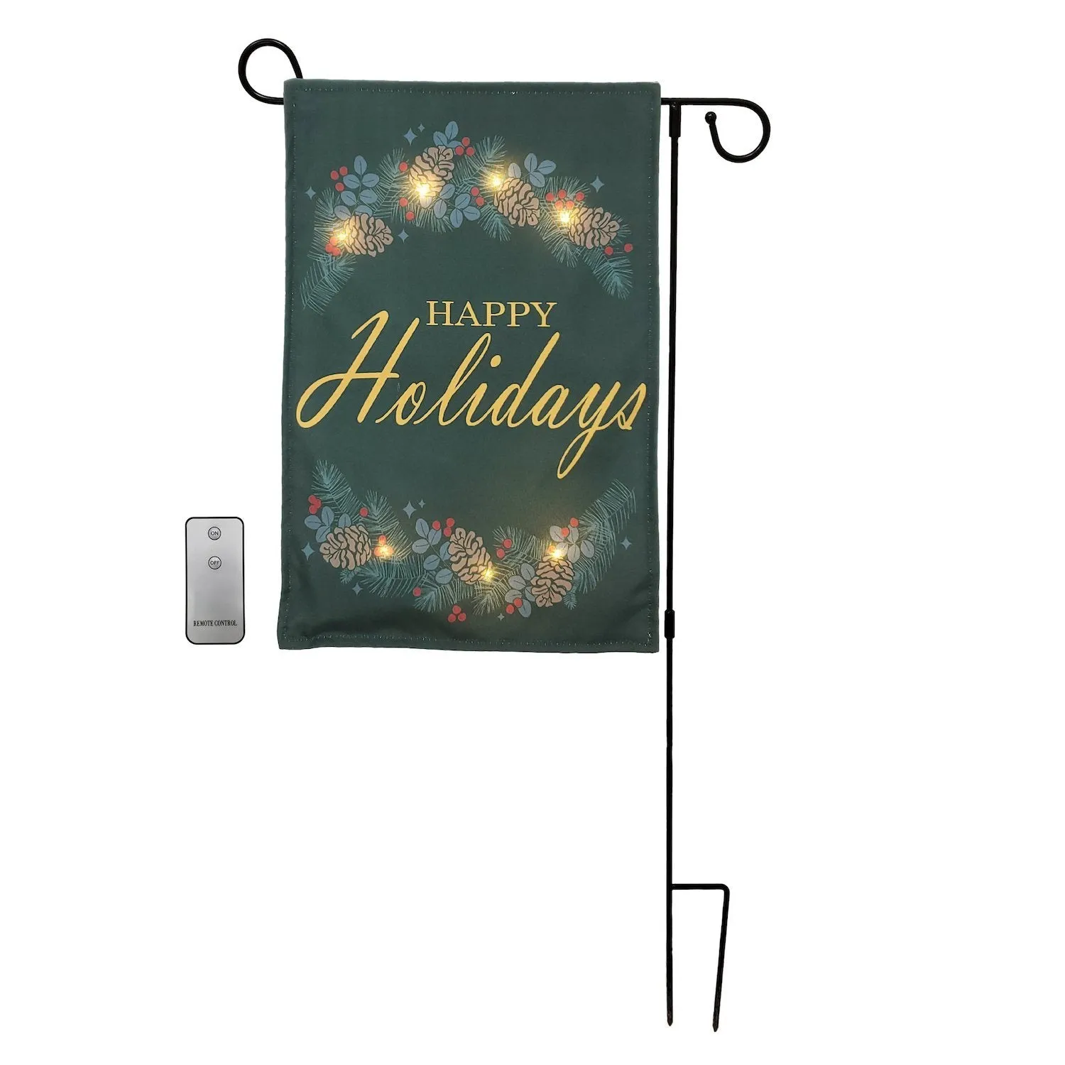 Battery-Operated Lighted Outdoor Banner with Garden Flag Stand - Happy Holidays