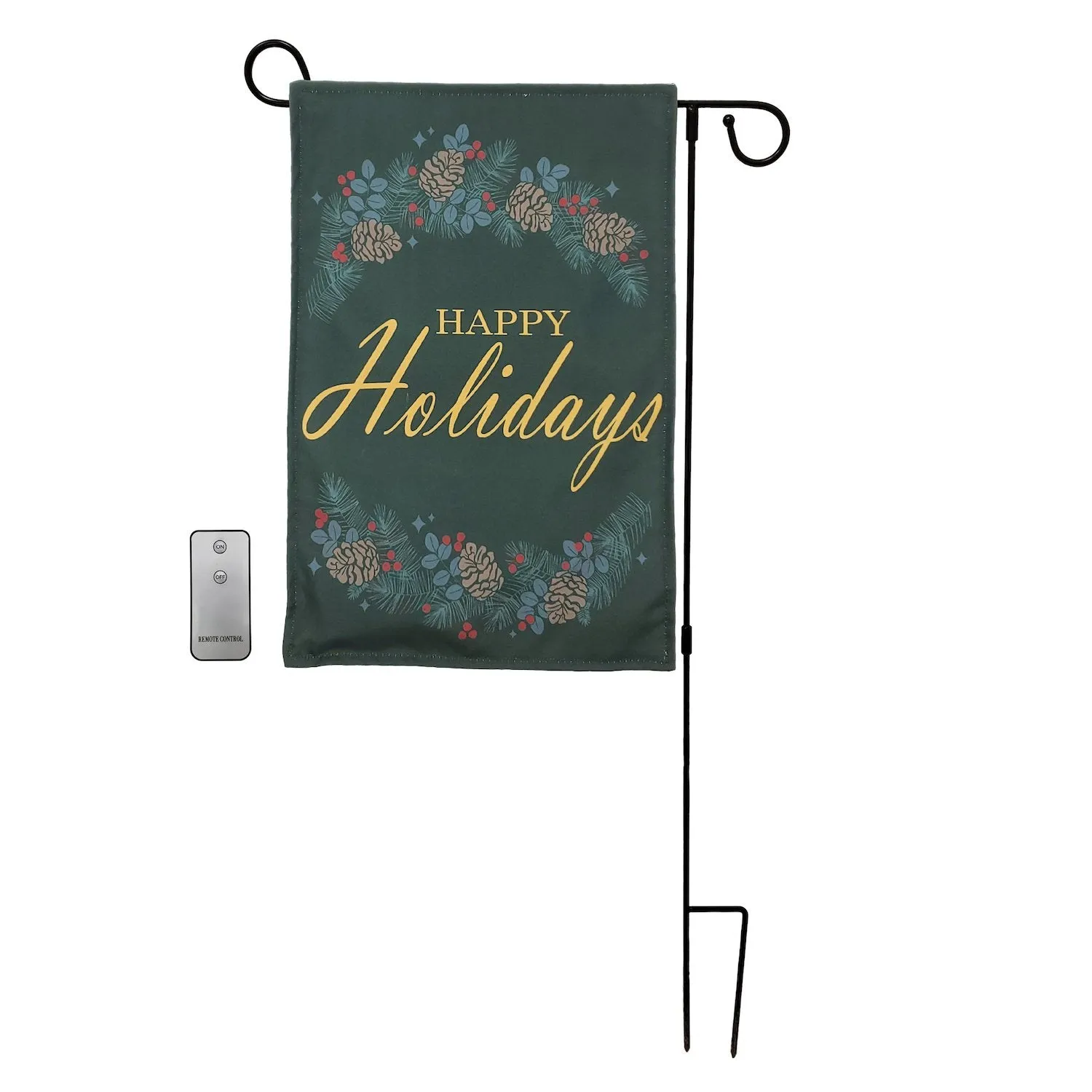 Battery-Operated Lighted Outdoor Banner with Garden Flag Stand - Happy Holidays