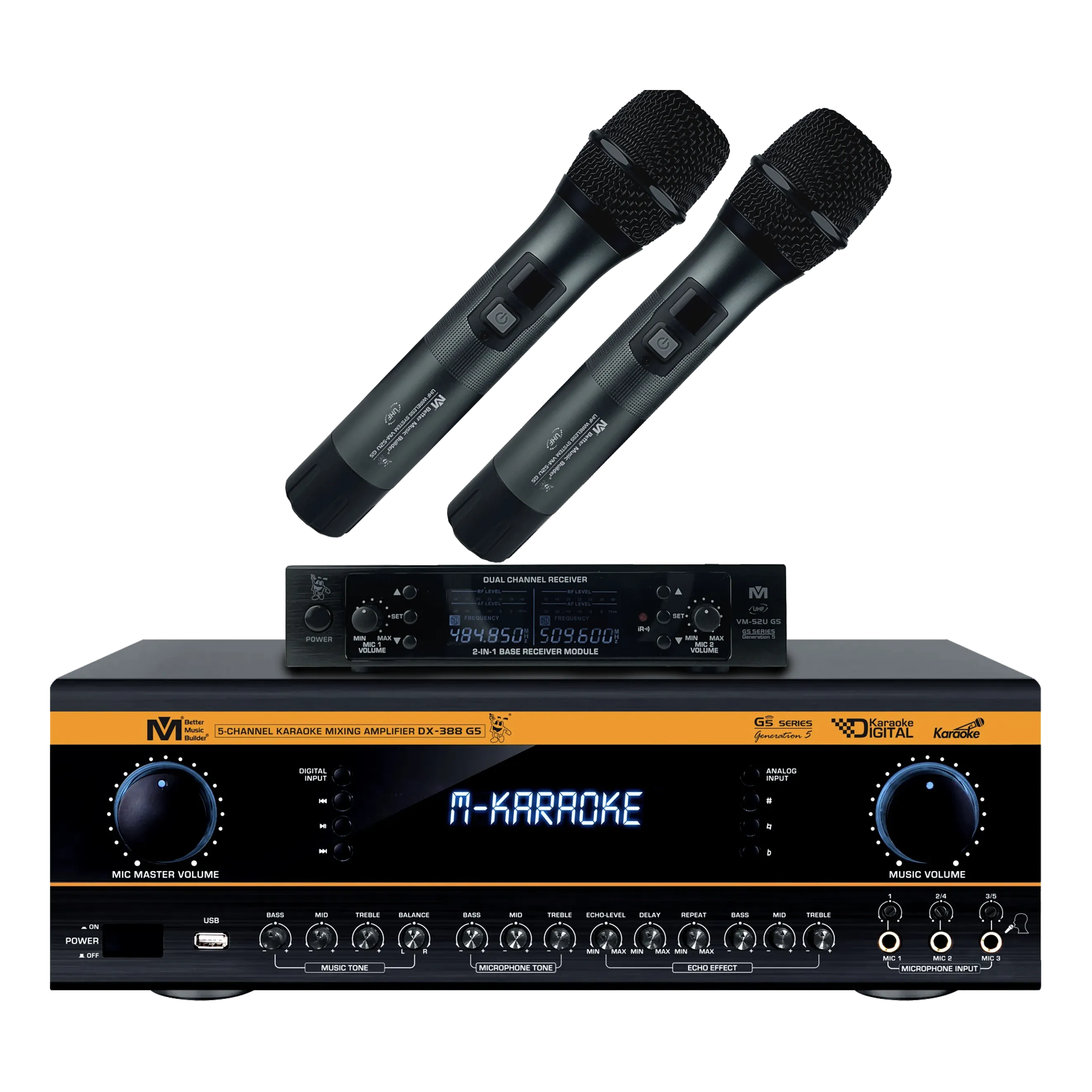 Better Music Builder DX-388 G5 1400W Karaoke Mixing Amplifier Bundle with VM-52 G5 Wireless Microphones