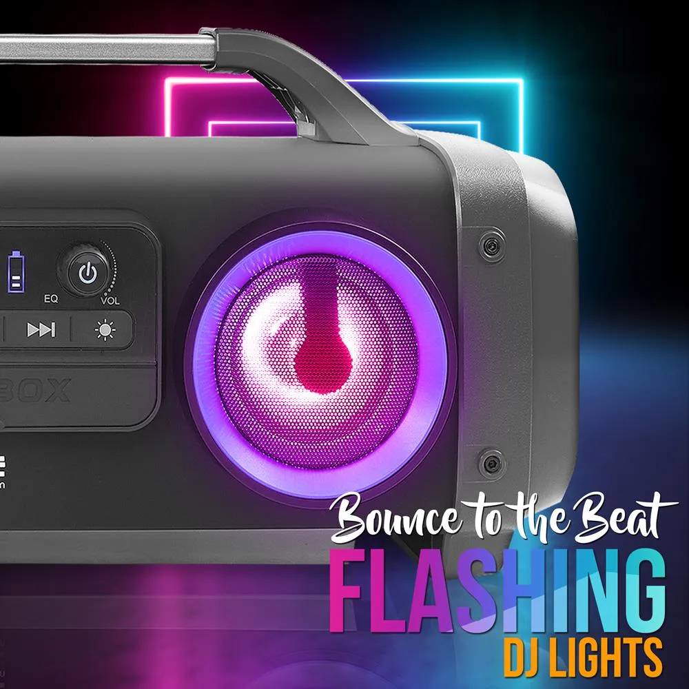 Bluetooth Boombox Karaoke Speaker System - Wireless & Portable Stereo Radio Speaker With Wired Handheld Microphone, Flashing Dj Party Lights, Fm Radio