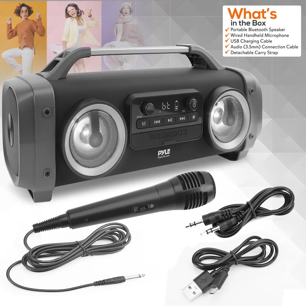 Bluetooth Boombox Karaoke Speaker System - Wireless & Portable Stereo Radio Speaker With Wired Handheld Microphone, Flashing Dj Party Lights, Fm Radio