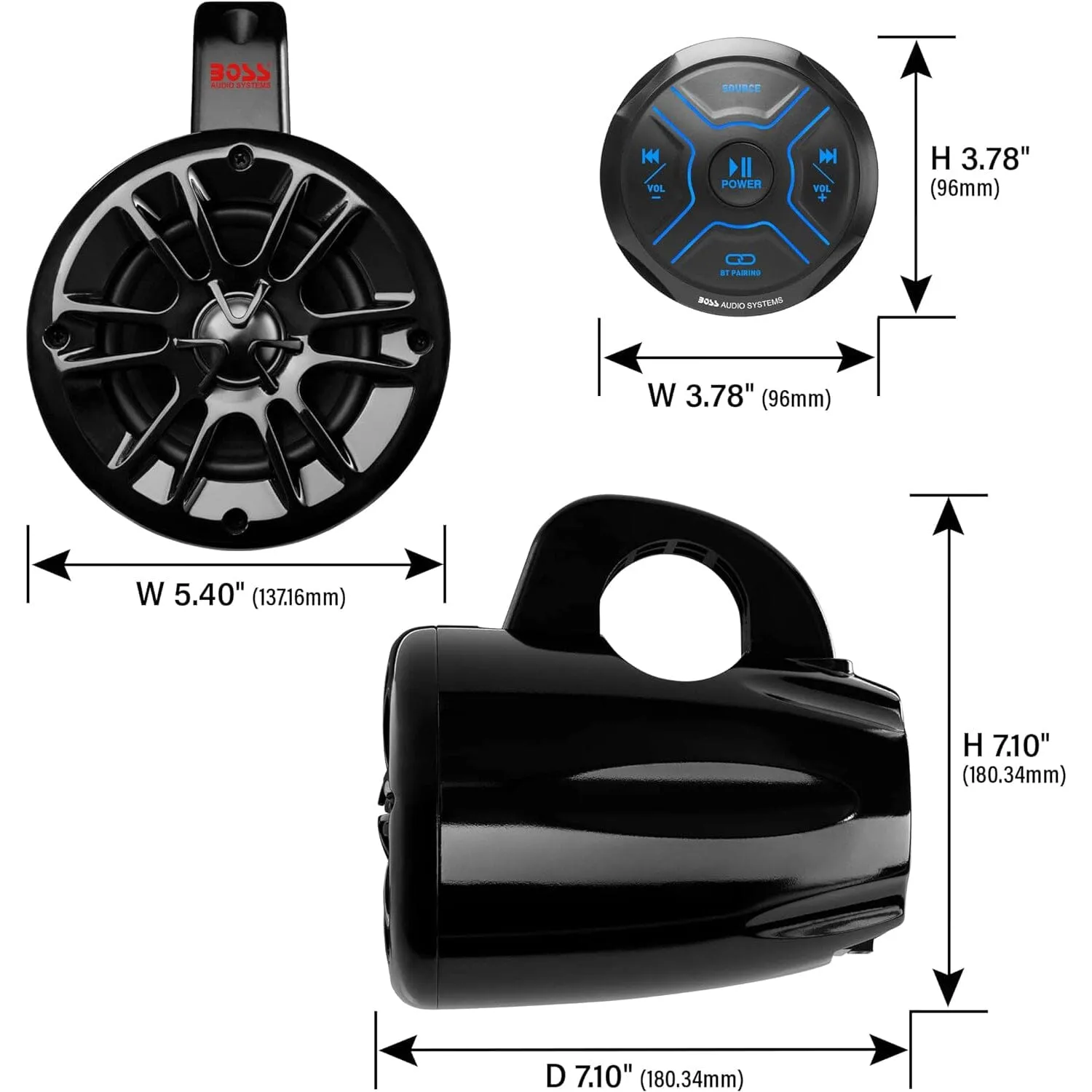 BOSS Audio Systems MG150T.4 Marine ATV UTV Waketower Speakers Gauge Receiver (Built-in 2 CH Amplifier) (Refurbished)