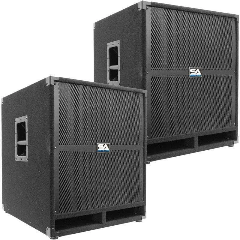 Complete PA Package - 2 Passive 15" PA Speakers, 2 Powered 18" Subwoofers, 8 Channel Powered Mixer, 2Ch Wireless Mic System, Sub Poles & Cables