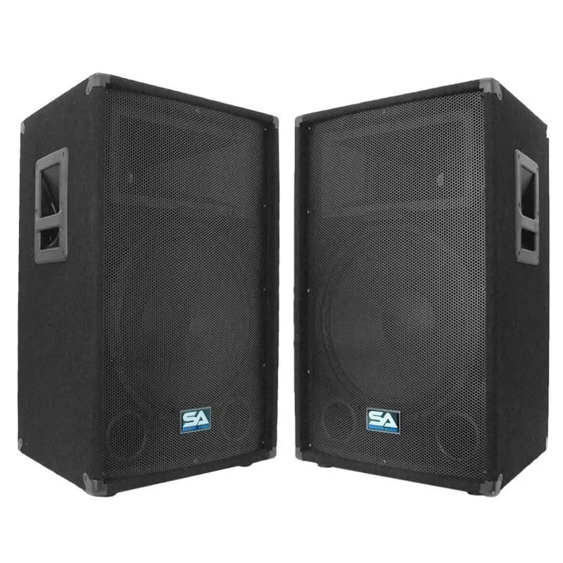 Complete PA Package - 2 Passive 15" PA Speakers, 2 Powered 18" Subwoofers, 8 Channel Powered Mixer, 2Ch Wireless Mic System, Sub Poles & Cables