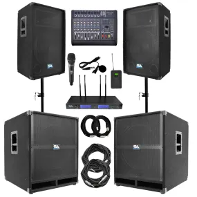 Complete PA Package - 2 Passive 15" PA Speakers, 2 Powered 18" Subwoofers, 8 Channel Powered Mixer, 2Ch Wireless Mic System, Sub Poles & Cables