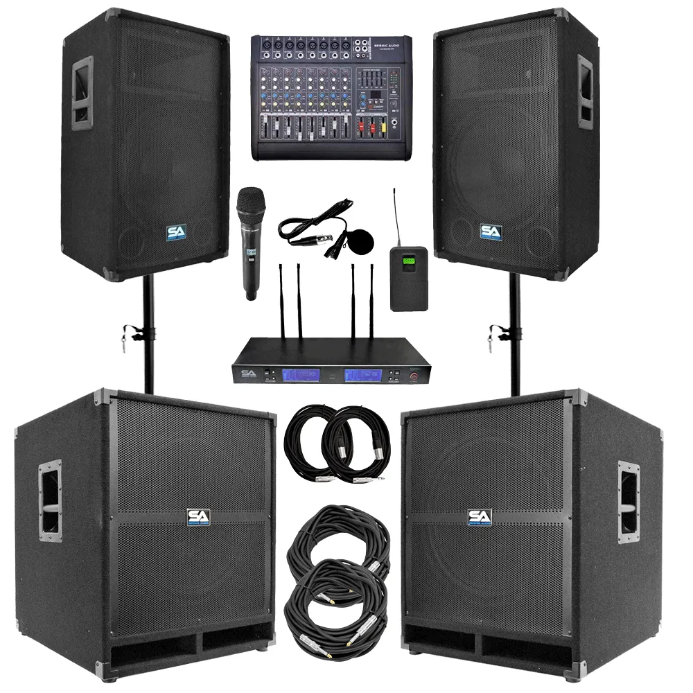 Complete PA Package - 2 Passive 15" PA Speakers, 2 Powered 18" Subwoofers, 8 Channel Powered Mixer, 2Ch Wireless Mic System, Sub Poles & Cables