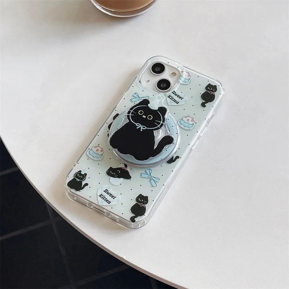 Cute Black Cat Magnetic Holder Stand MagSafe Phone Case Cover for iPhone