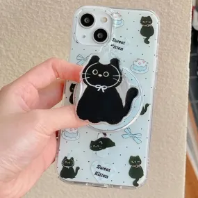 Cute Black Cat Magnetic Holder Stand MagSafe Phone Case Cover for iPhone
