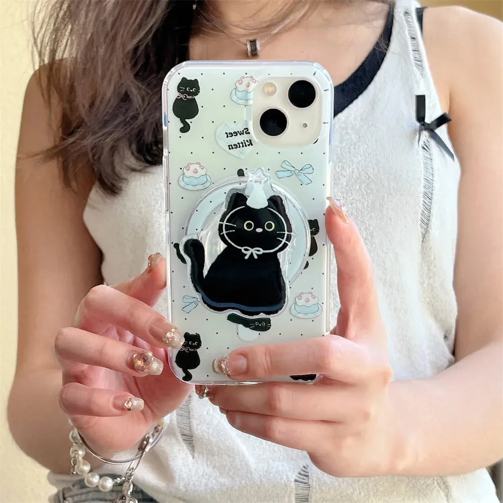 Cute Black Cat Magnetic Holder Stand MagSafe Phone Case Cover for iPhone