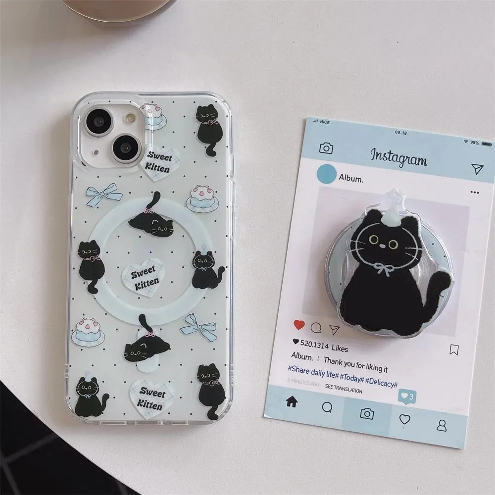 Cute Black Cat Magnetic Holder Stand MagSafe Phone Case Cover for iPhone