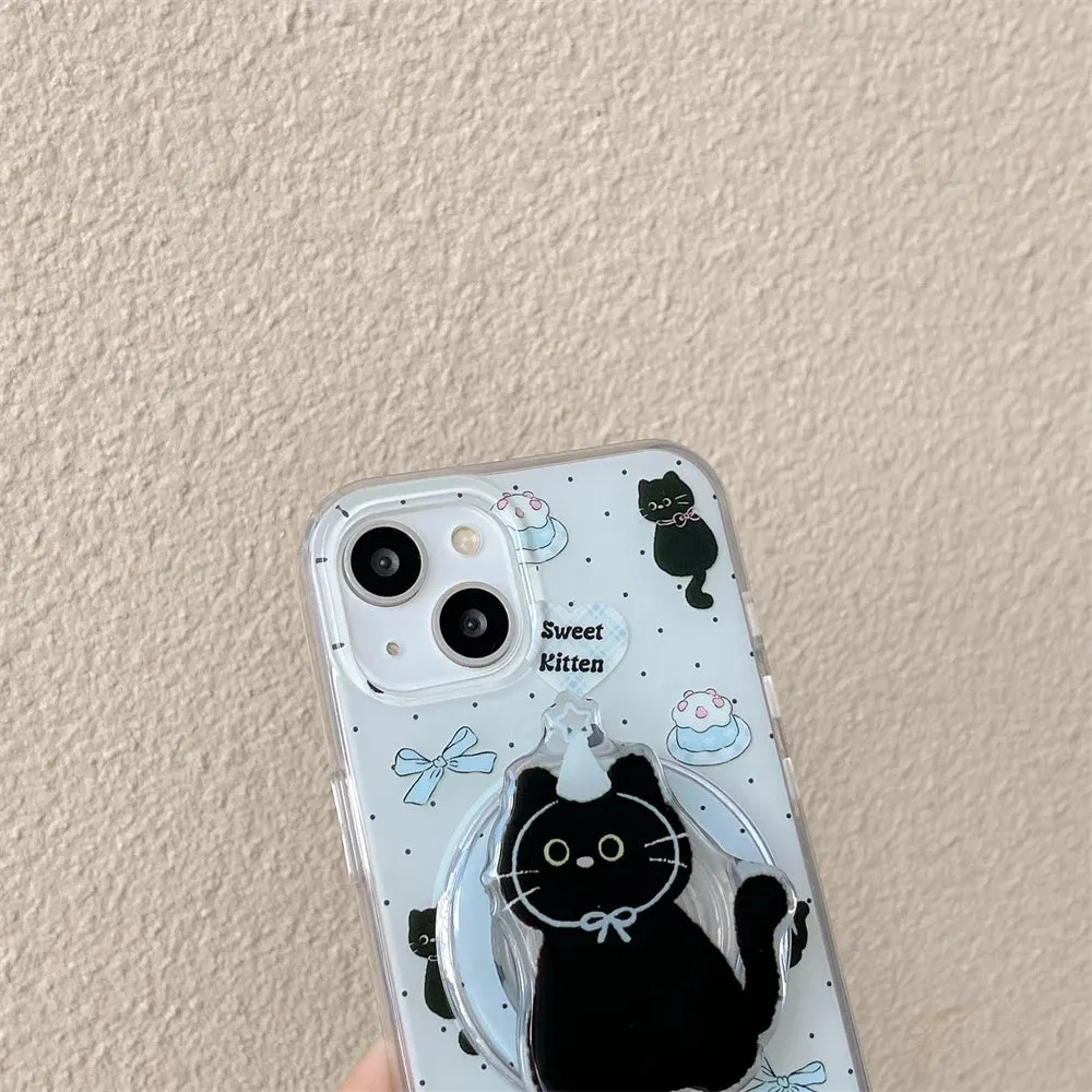 Cute Black Cat Magnetic Holder Stand MagSafe Phone Case Cover for iPhone