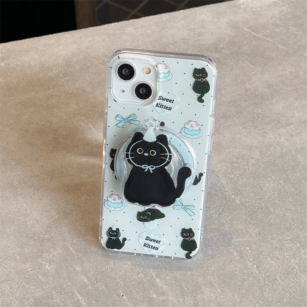 Cute Black Cat Magnetic Holder Stand MagSafe Phone Case Cover for iPhone