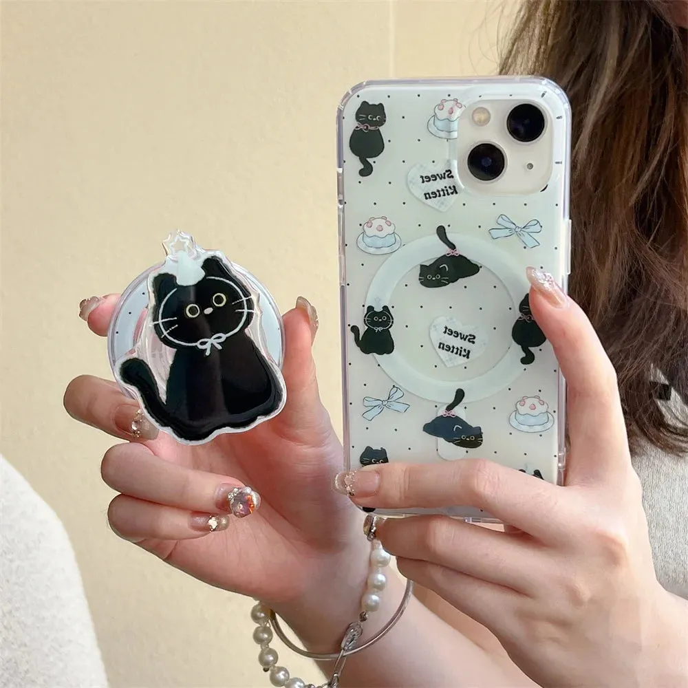 Cute Black Cat Magnetic Holder Stand MagSafe Phone Case Cover for iPhone