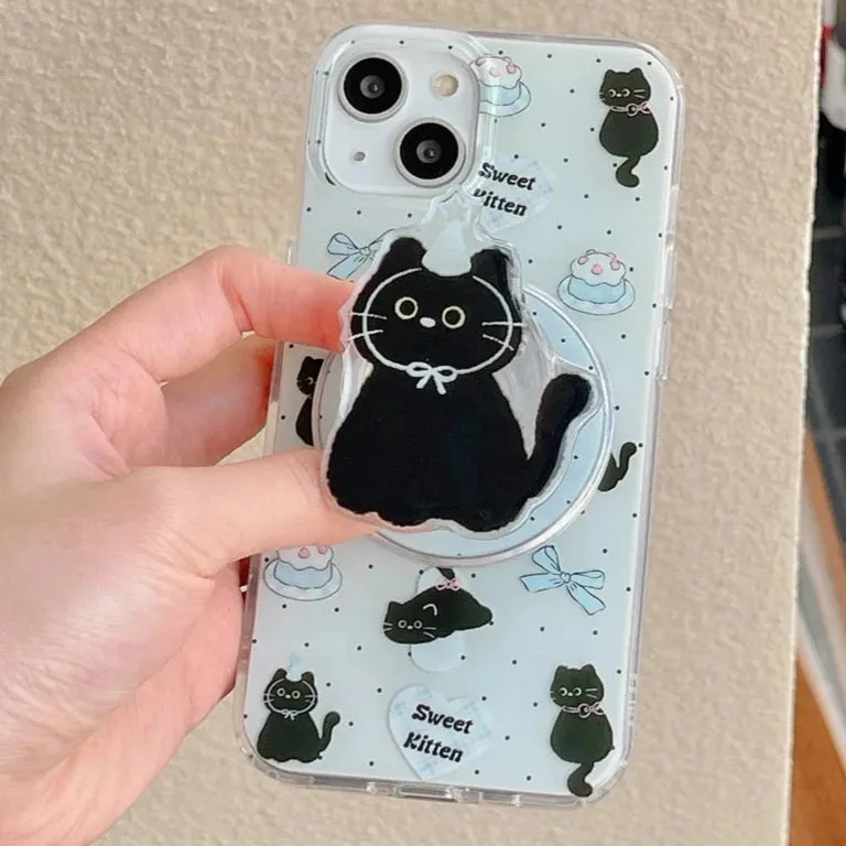 Cute Black Cat Magnetic Holder Stand MagSafe Phone Case Cover for iPhone
