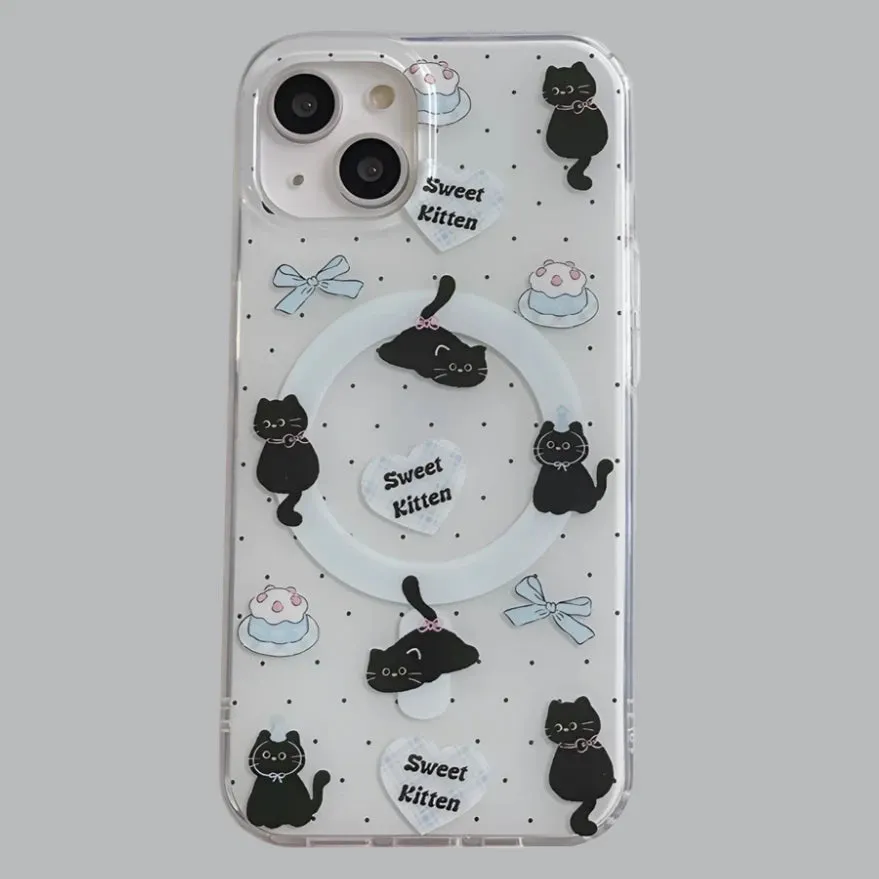 Cute Black Cat Magnetic Holder Stand MagSafe Phone Case Cover for iPhone