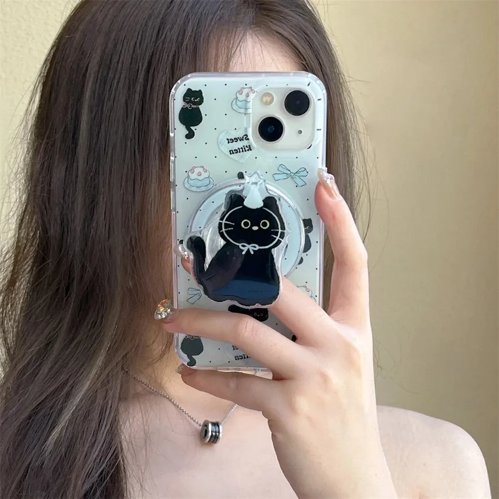 Cute Black Cat Magnetic Holder Stand MagSafe Phone Case Cover for iPhone