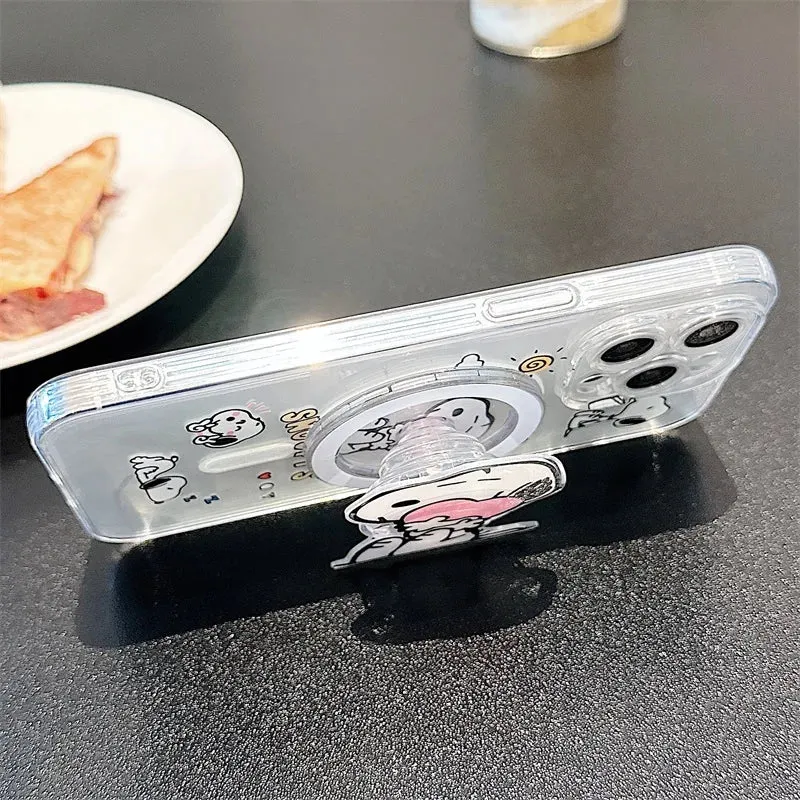 Cute Cartoon Snoopy MagSafe Holder Phone Case For iPhone 16 15 14 13 12 11 Pro Max Plus