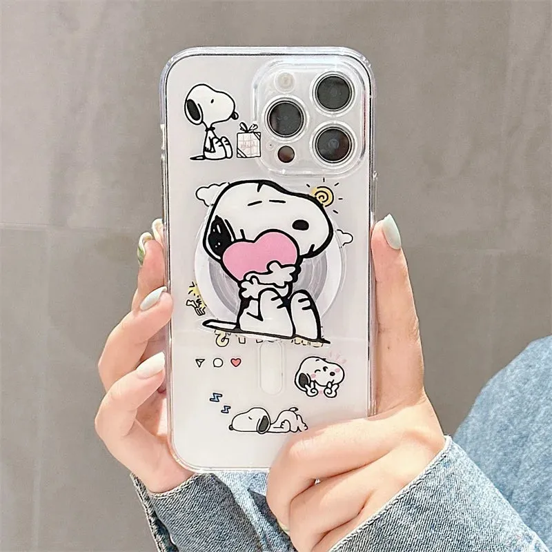 Cute Cartoon Snoopy MagSafe Holder Phone Case For iPhone 16 15 14 13 12 11 Pro Max Plus