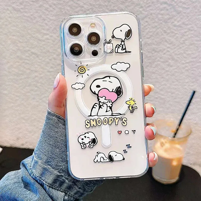 Cute Cartoon Snoopy MagSafe Holder Phone Case For iPhone 16 15 14 13 12 11 Pro Max Plus
