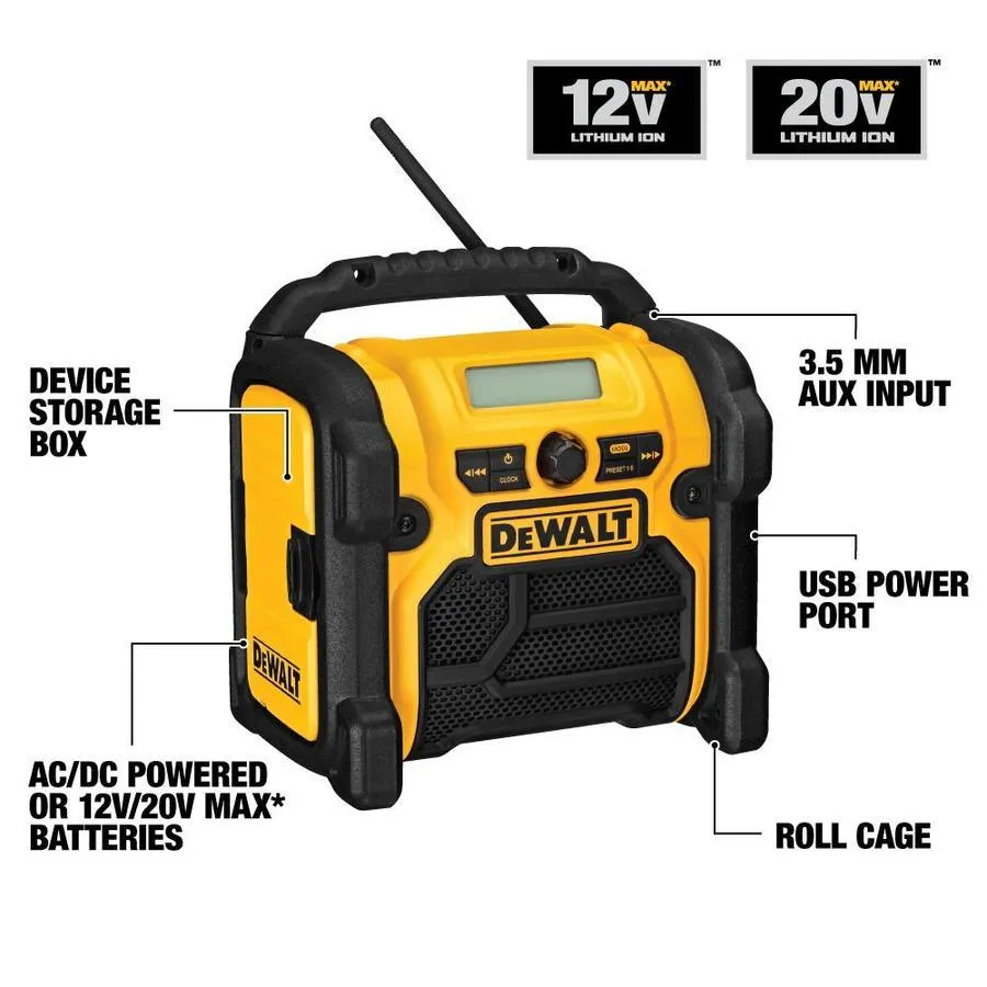 DEWALT 12-Volt; 18-Volt or 20-Volt Max Water Resistant Cordless Jobsite Radio