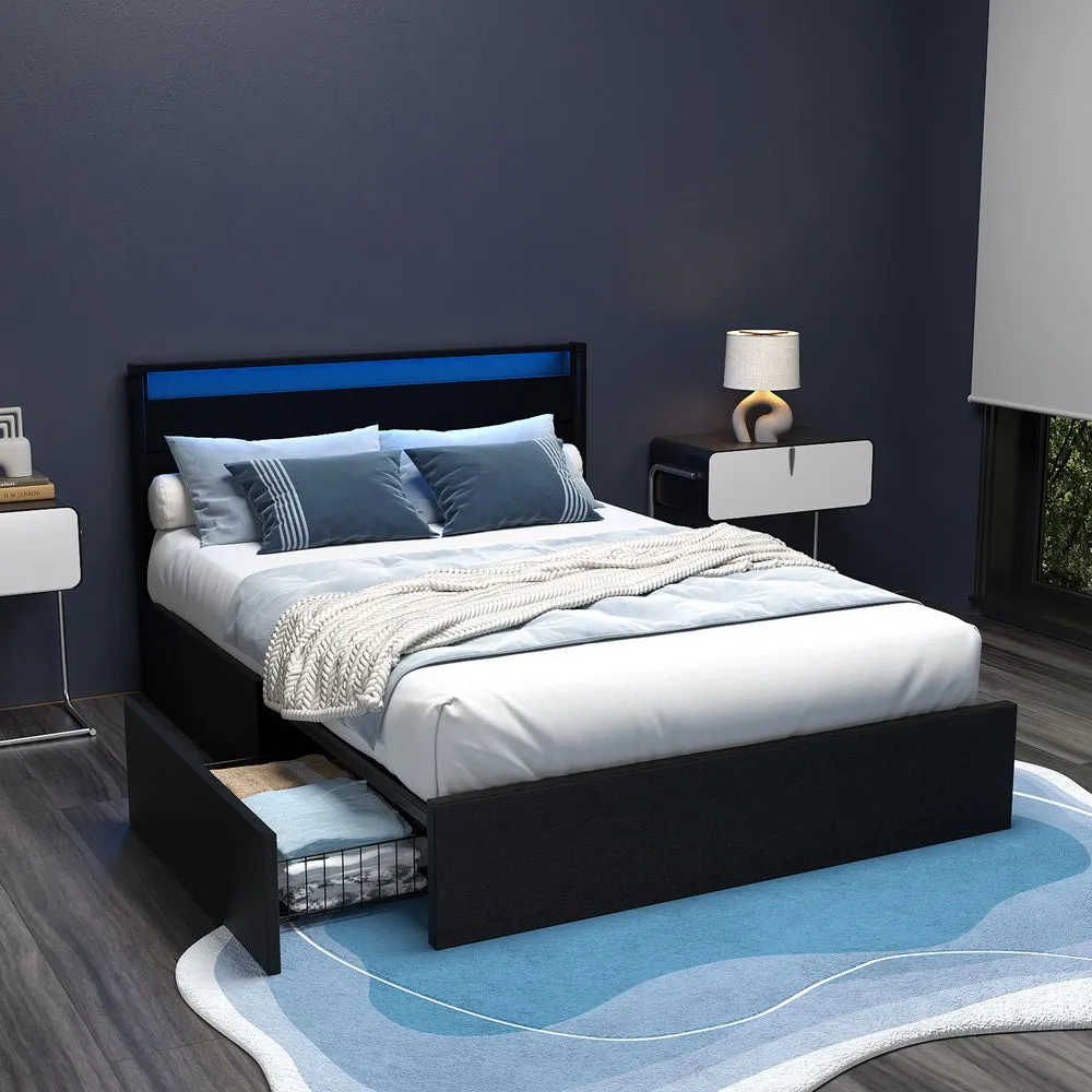 Dunelight LED Double Bed Frame with 4 Storage Drawers - Black