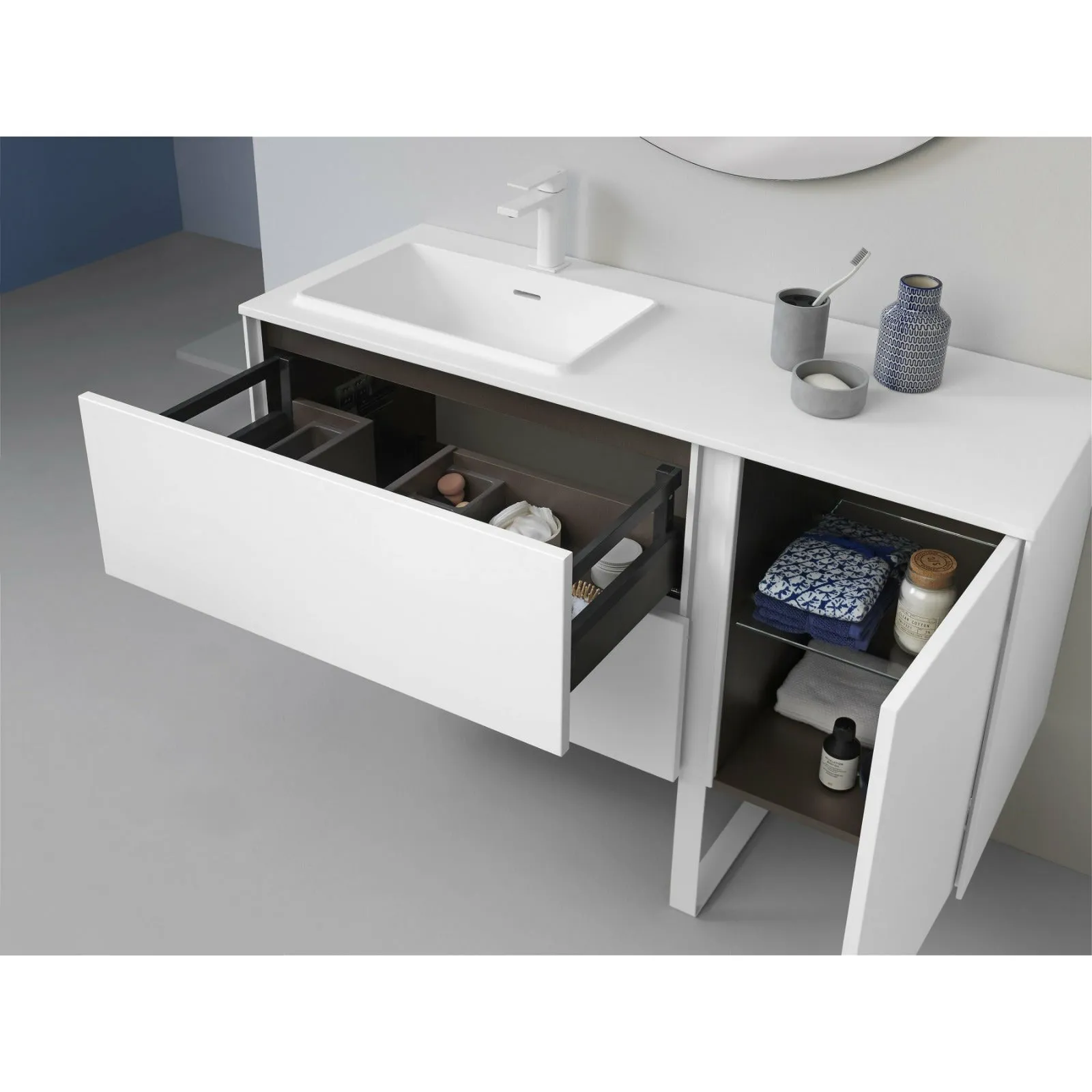 Frontline Matt White Floor Standing Bluetooth Vanity Unit with Solid Surface Basin & Slatted Leg (900mm)
