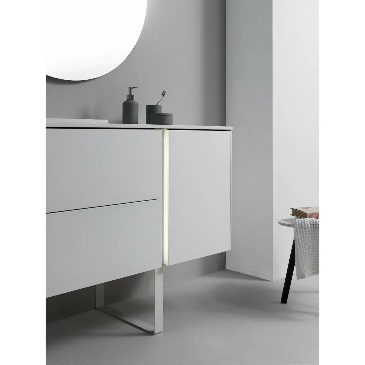 Frontline Matt White Floor Standing Bluetooth Vanity Unit with Solid Surface Basin & Slatted Leg (900mm)