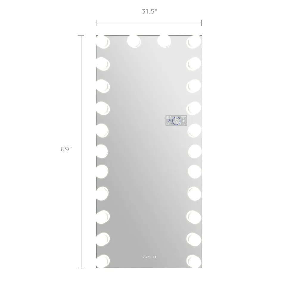 Full Length Wall Mountable Vanity Mirror with 24 Dimmable LED Bulbs- Includes Touchscreen, USB & Bluetooth Speakers- Model Marilyn