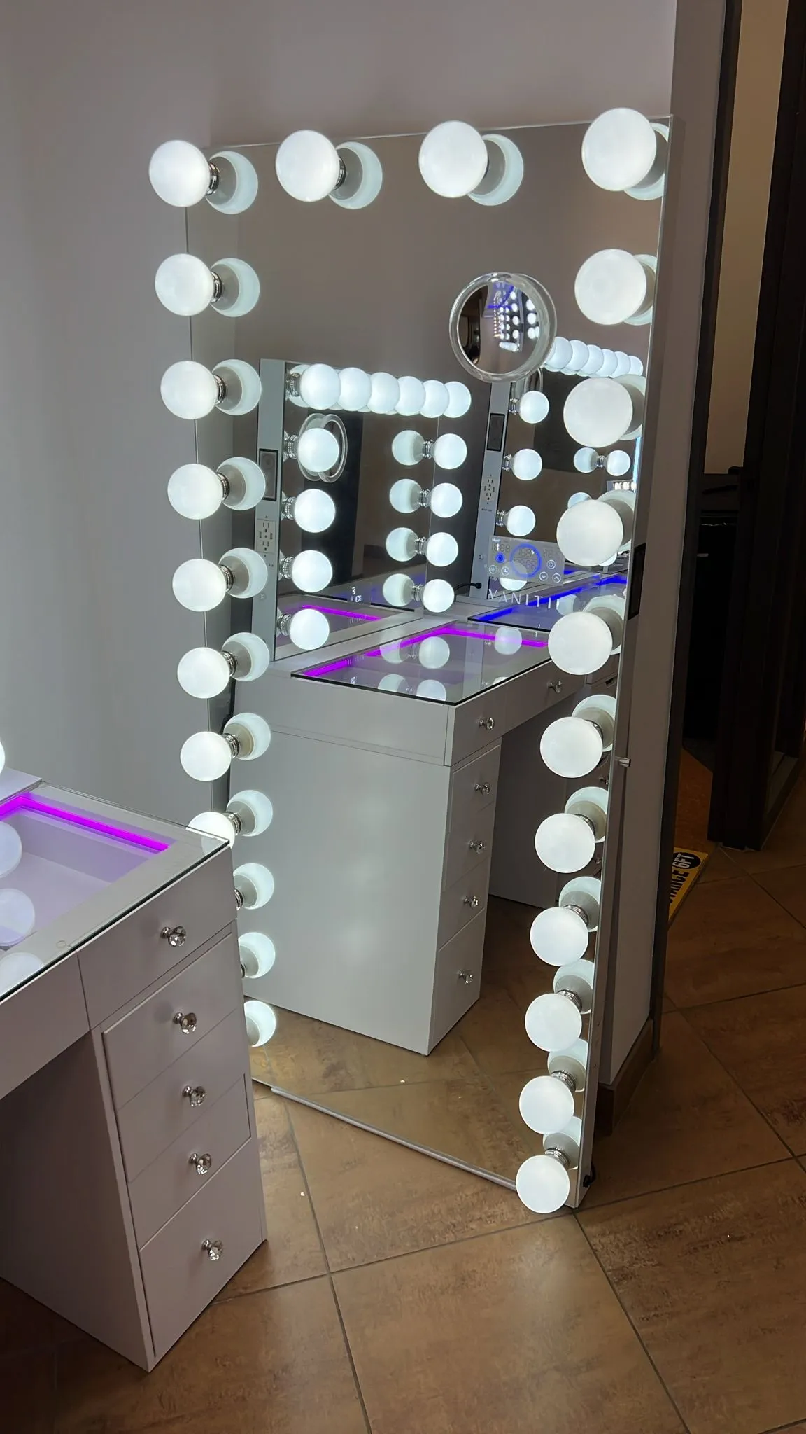 Full Length Wall Mountable Vanity Mirror with 24 Dimmable LED Bulbs- Includes Touchscreen, USB & Bluetooth Speakers- Model Marilyn