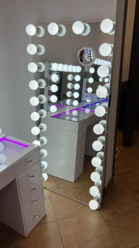 Full Length Wall Mountable Vanity Mirror with 24 Dimmable LED Bulbs- Includes Touchscreen, USB & Bluetooth Speakers- Model Marilyn
