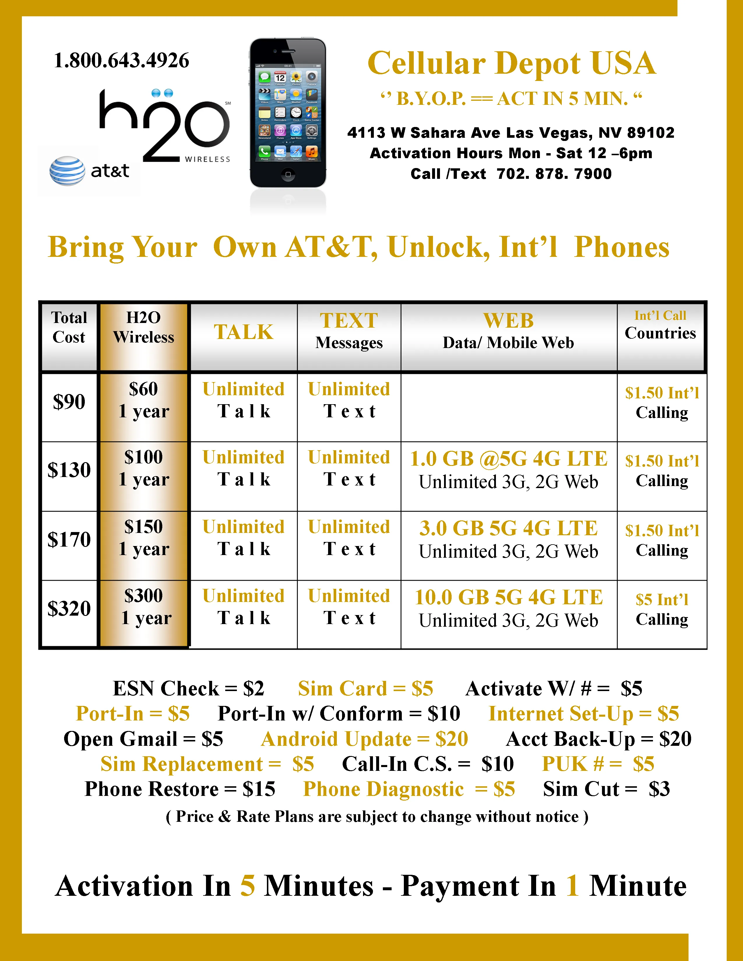 H2o Wireless 1yr $60 Unlimited Int'l Talk, Text & No Data   Sim Kit   New Number