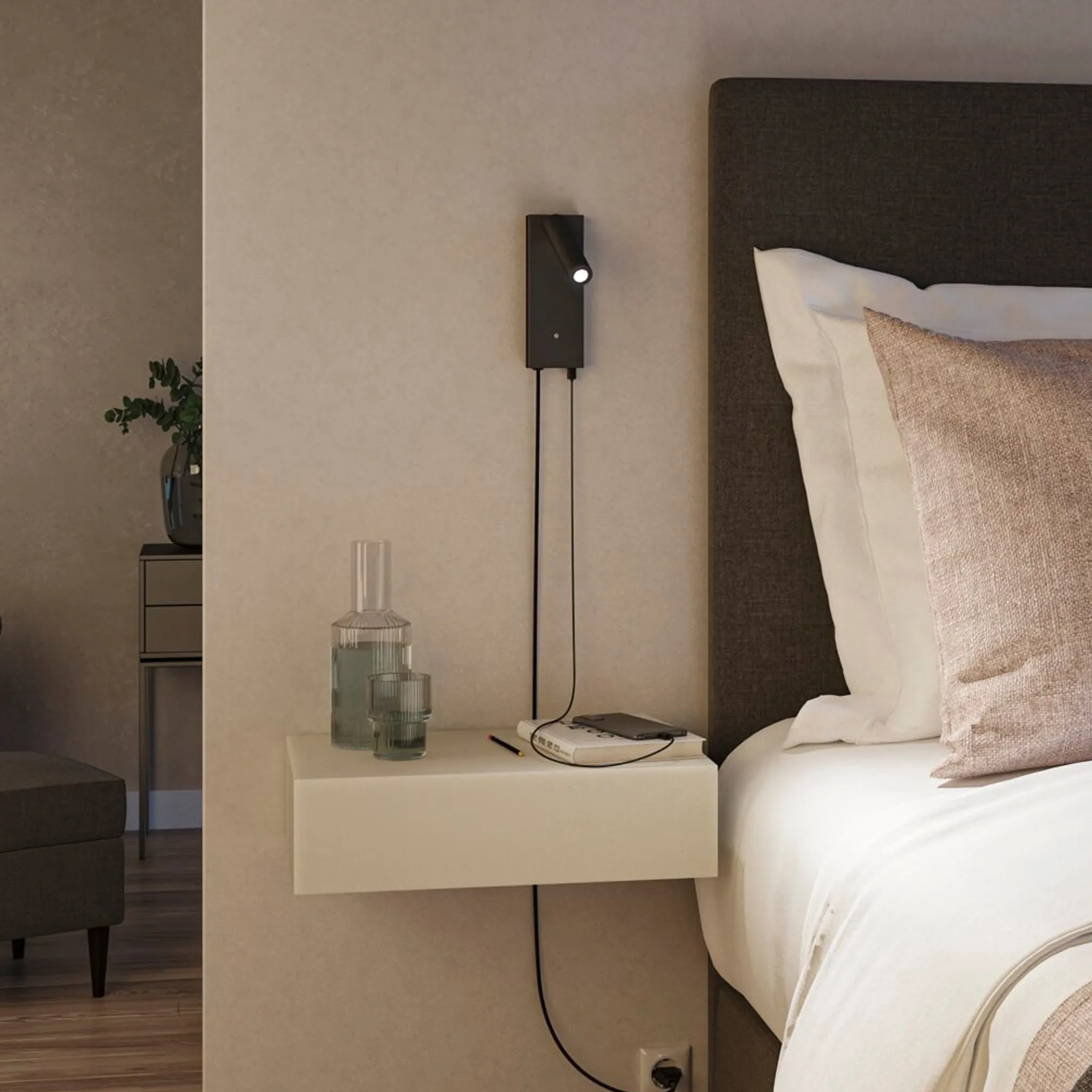 Hulda 14W LED Wall Light with 3-Step Dim & USB Port in Black Matt