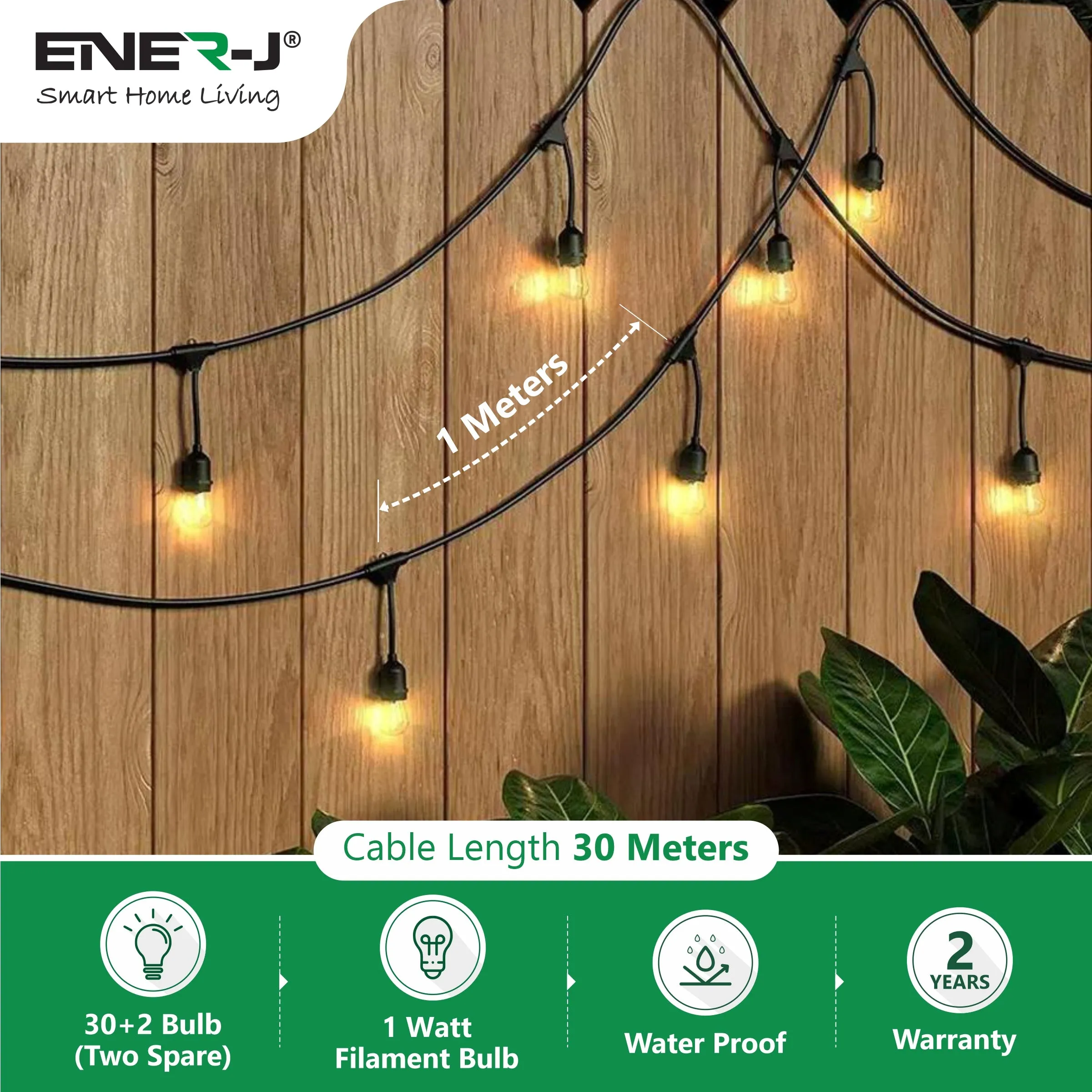 LED Outdoor Garden String Lights, 100FT/30M Festoon Patio Lights Mains Powered with 30 2 LED Filaments Shatterproof Waterproof IP65 Vintage Plastic Bulbs for Garden Party Wedding, Warm white