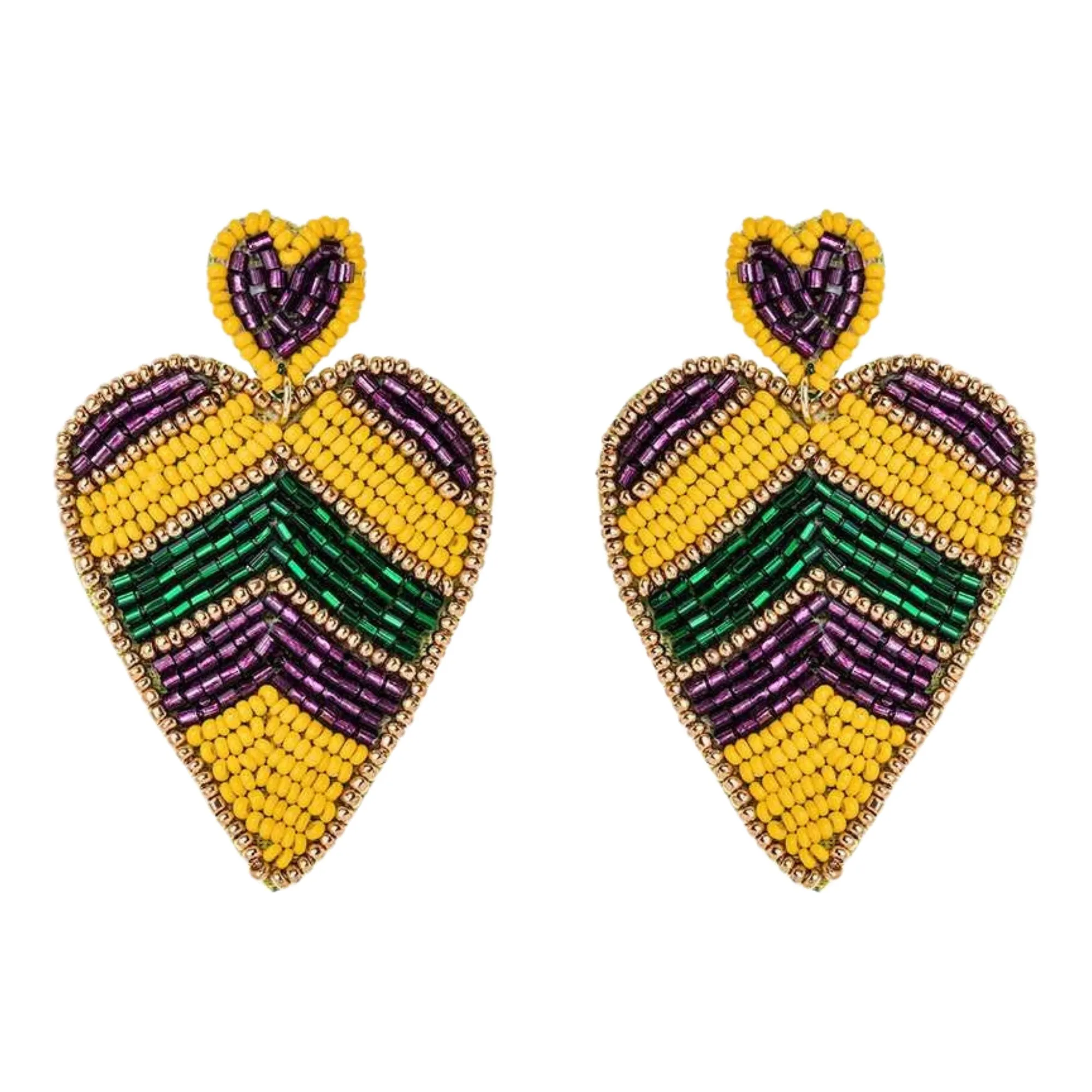 Mardi Gras Color Beaded Heart Handmade Festive Statement Drop Earrings